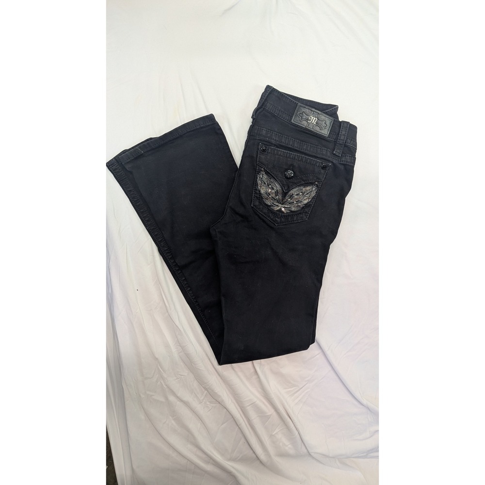 Y2K Miss Me Black Mid Rise Bootcut Jeans Embellished Wing Pockets Size 30